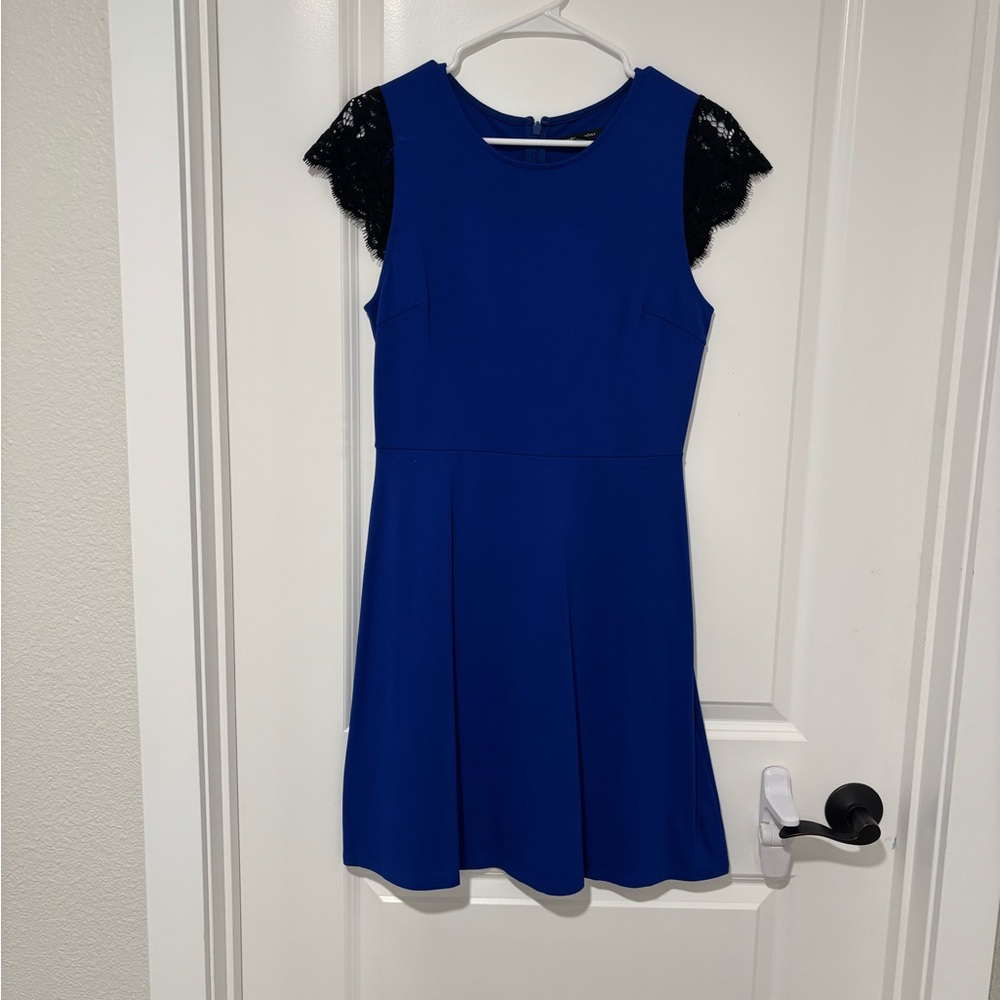 Paris Sunday Royal Blue Mini Dress with Black Lace Accents